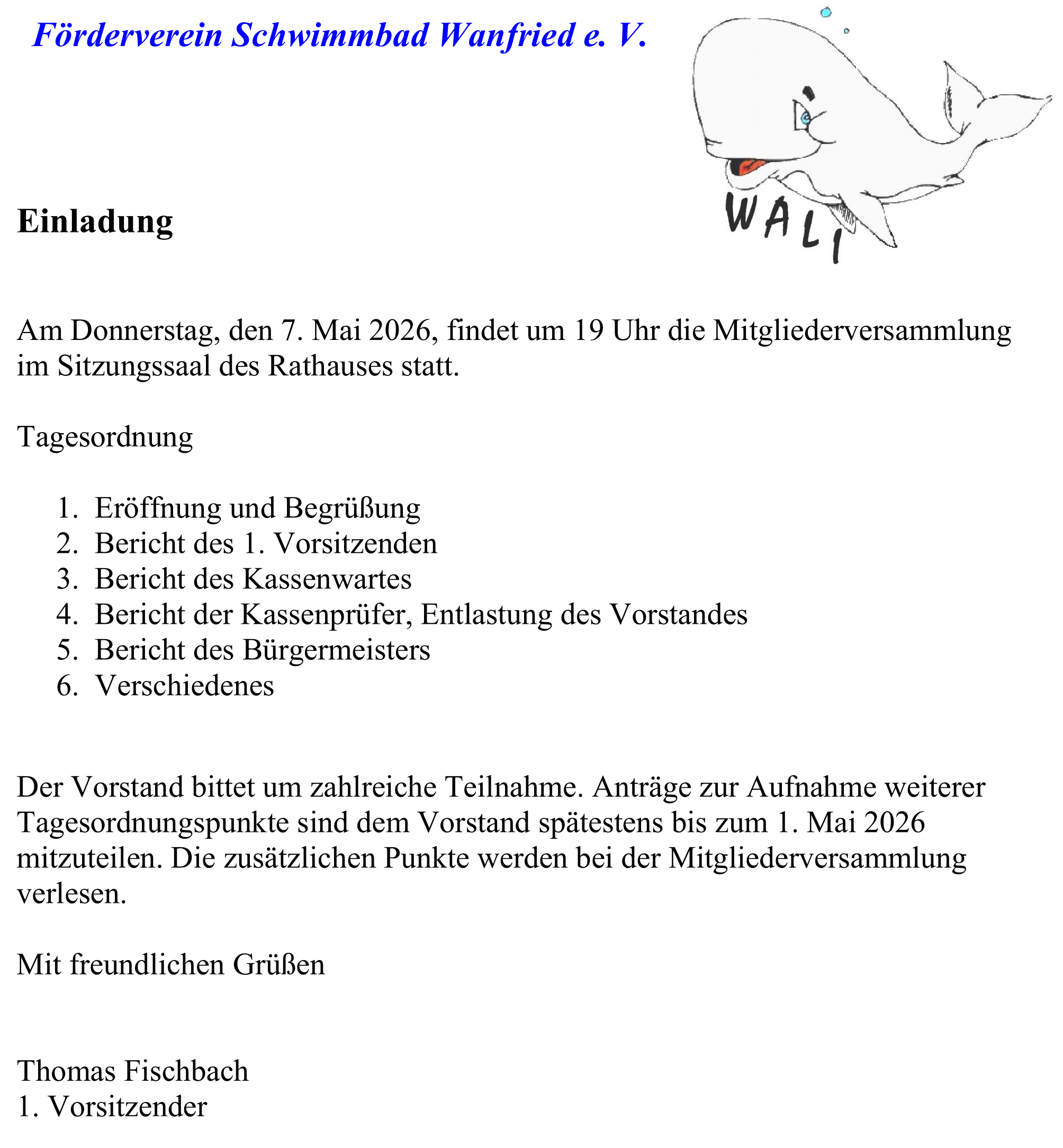 Einladung zur Mitgleiderversammlung des Fördervereins Schwimmbad 